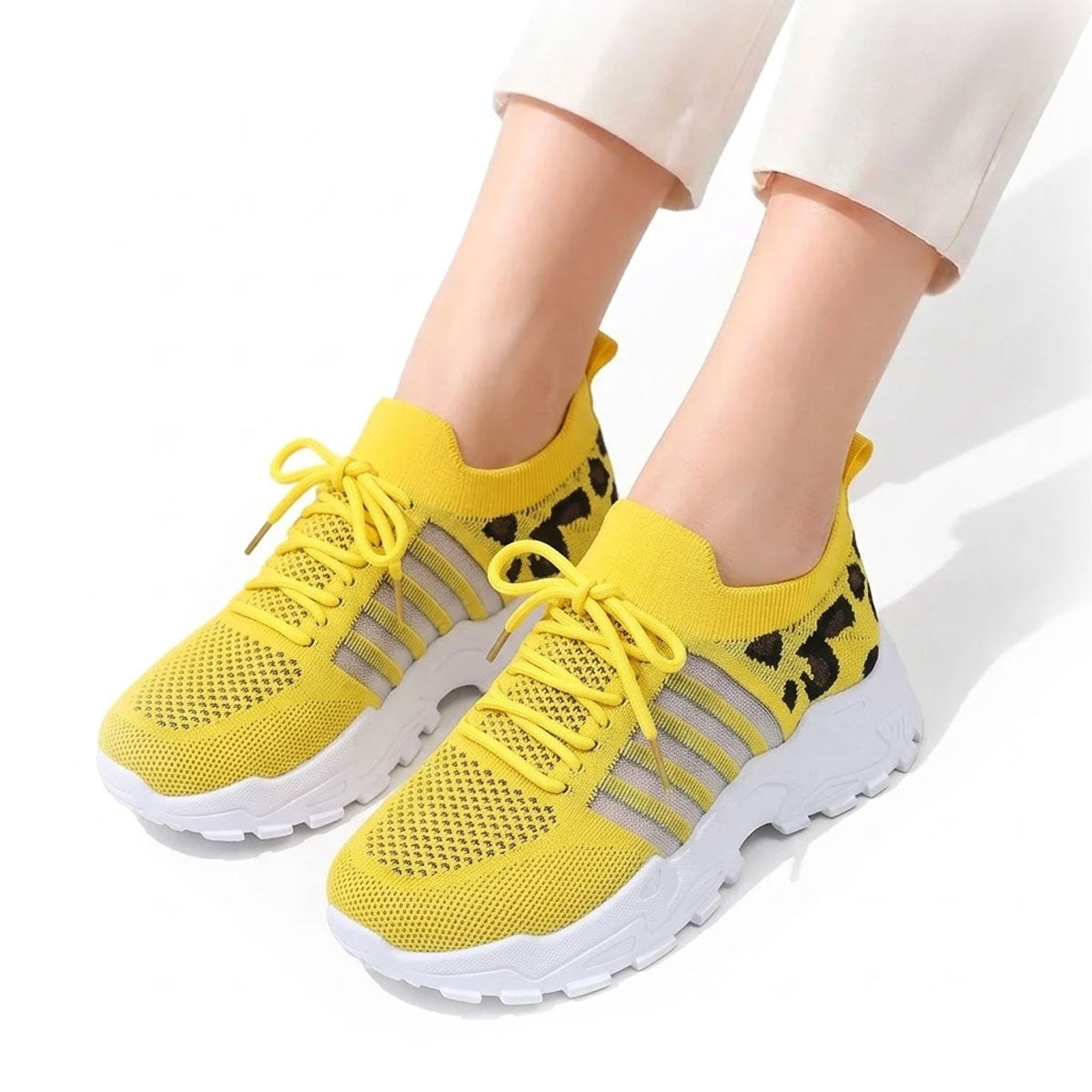 Women's Woven Knit Trainers with Leopard Accent