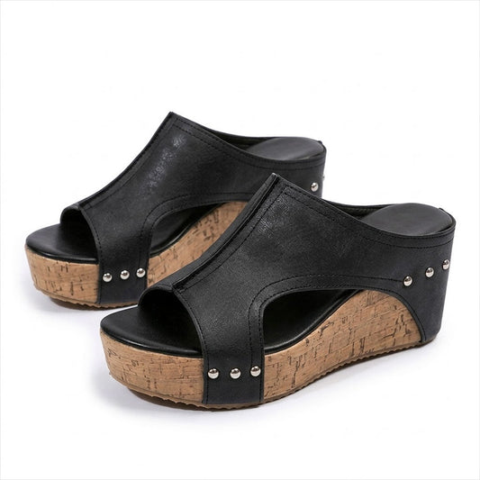 Women's Cork-Effect Wedge Mules with Studded Detail