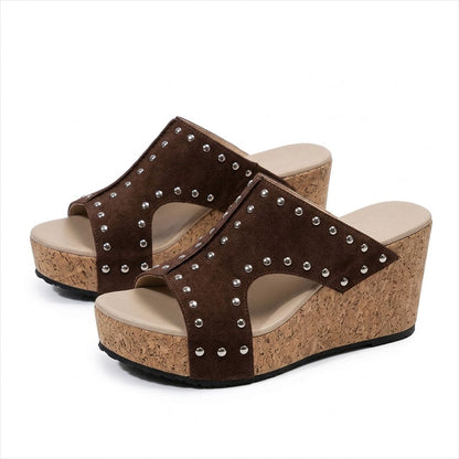 Women's Cork-Effect Wedge Mules with Studded Detail