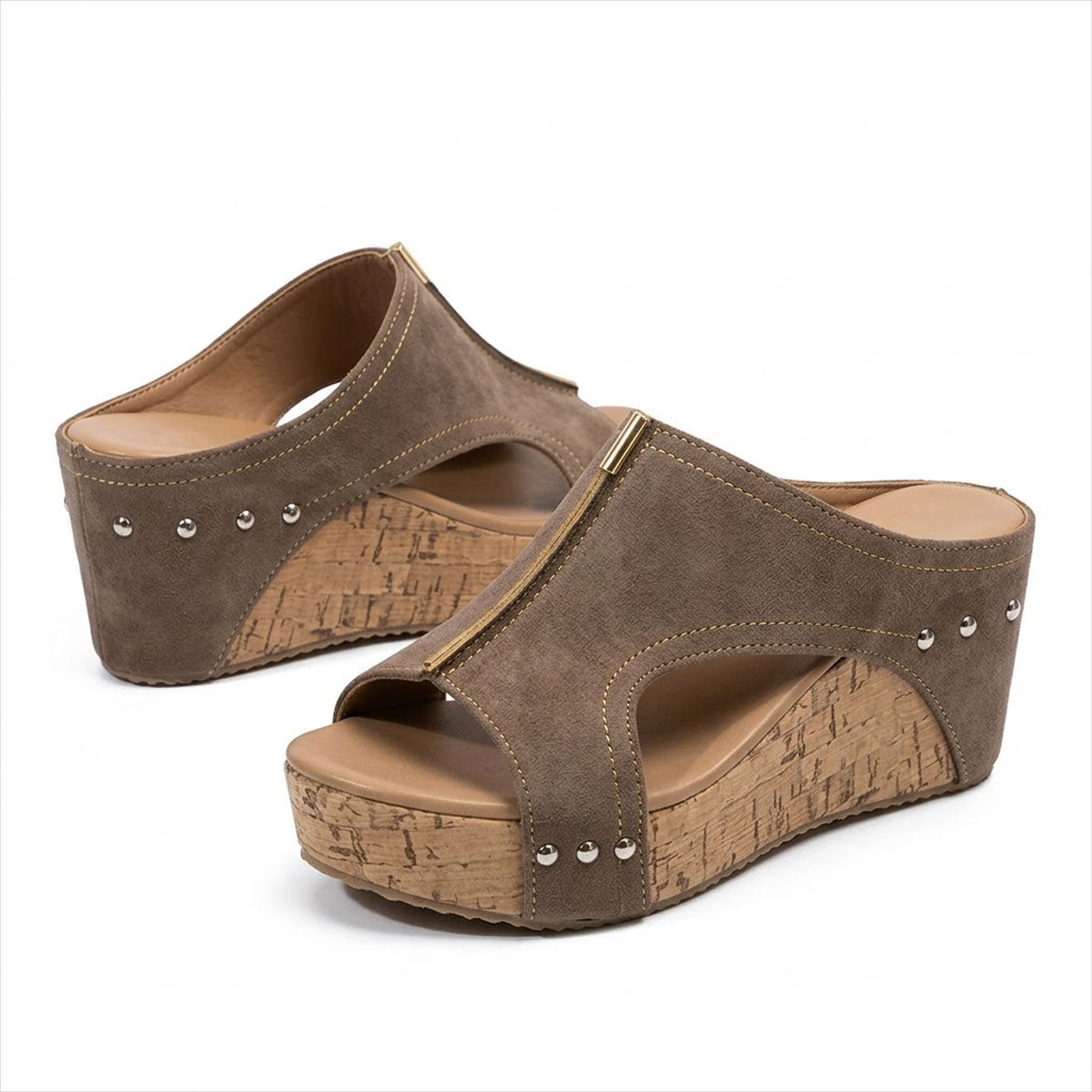 Women's Cork-Effect Wedge Mules with Studded Detail