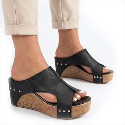 Women's Cork-Effect Wedge Mules with Studded Detail
