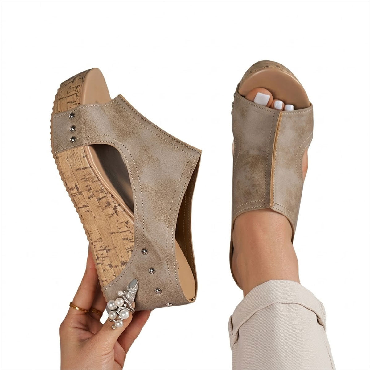 Women's Cork-Effect Wedge Mules with Studded Detail