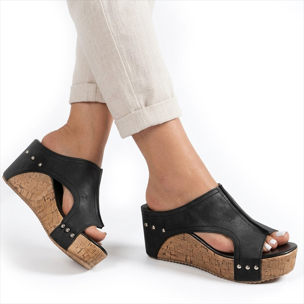 Women's Cork-Effect Wedge Mules with Studded Detail
