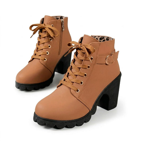 Women's Matte Finish Lace-Up Chunky Heeled Ankle Boots