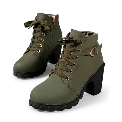 Women's Matte Finish Lace-Up Chunky Heeled Ankle Boots