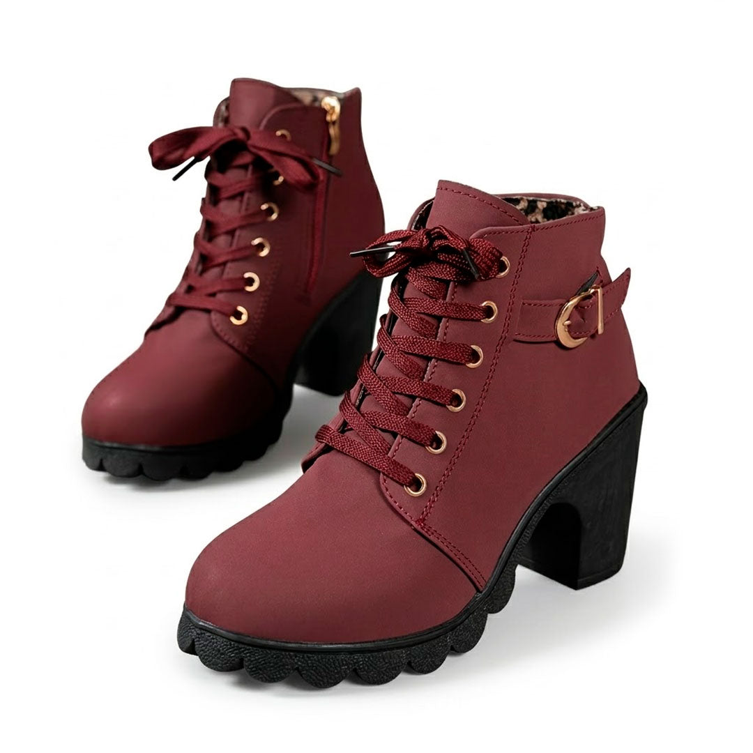 Women's Matte Finish Lace-Up Chunky Heeled Ankle Boots