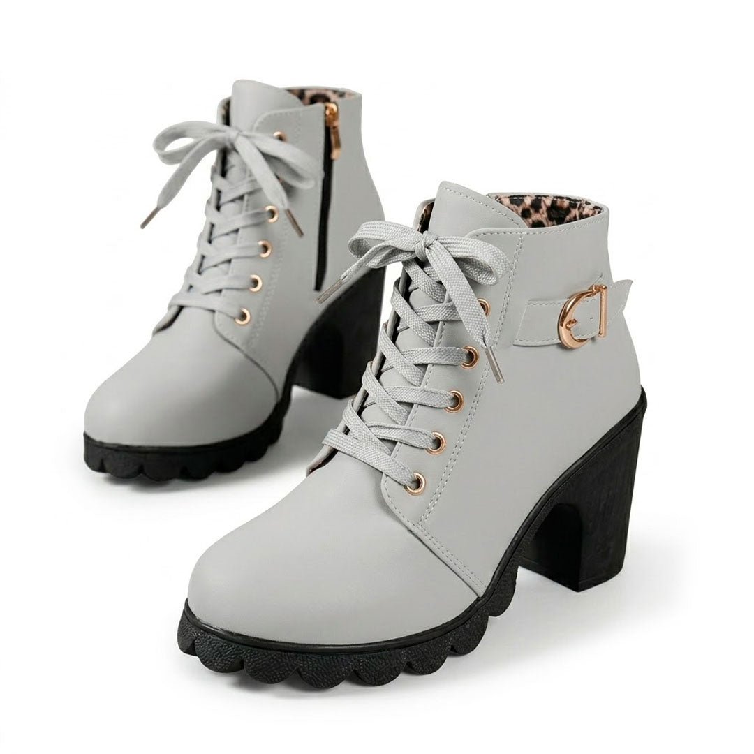 Women's Matte Finish Lace-Up Chunky Heeled Ankle Boots