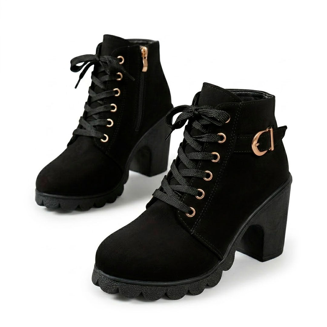 Women's Matte Finish Lace-Up Chunky Heeled Ankle Boots