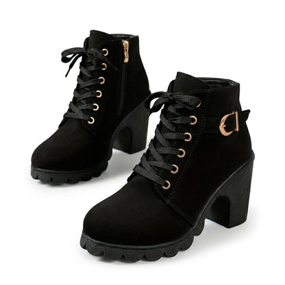 Women's Matte Finish Lace-Up Chunky Heeled Ankle Boots