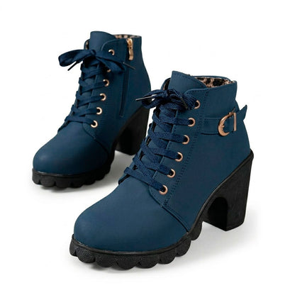 Women's Matte Finish Lace-Up Chunky Heeled Ankle Boots