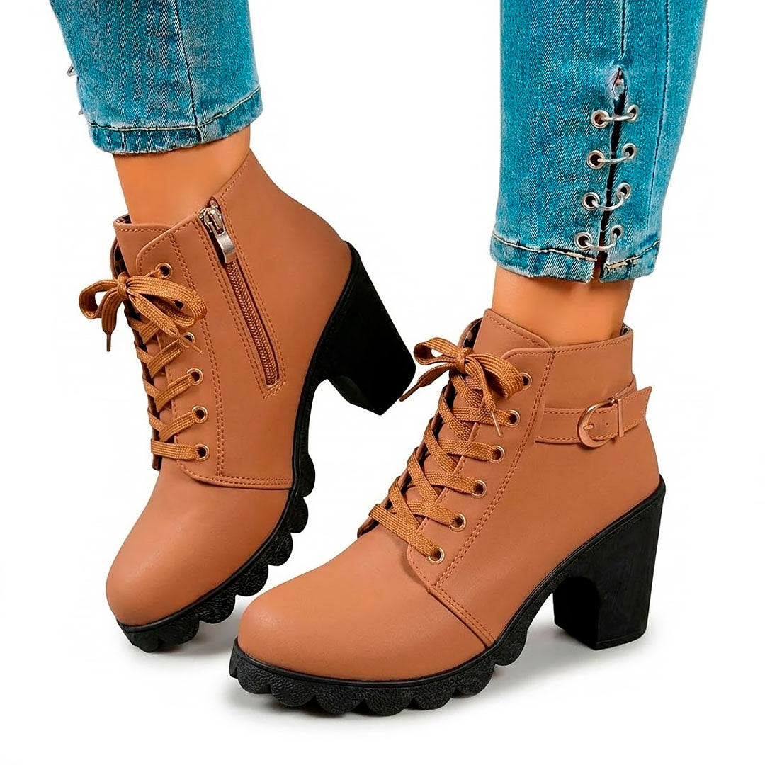 Women's Matte Finish Lace-Up Chunky Heeled Ankle Boots