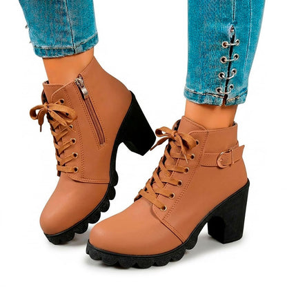 Women's Matte Finish Lace-Up Chunky Heeled Ankle Boots