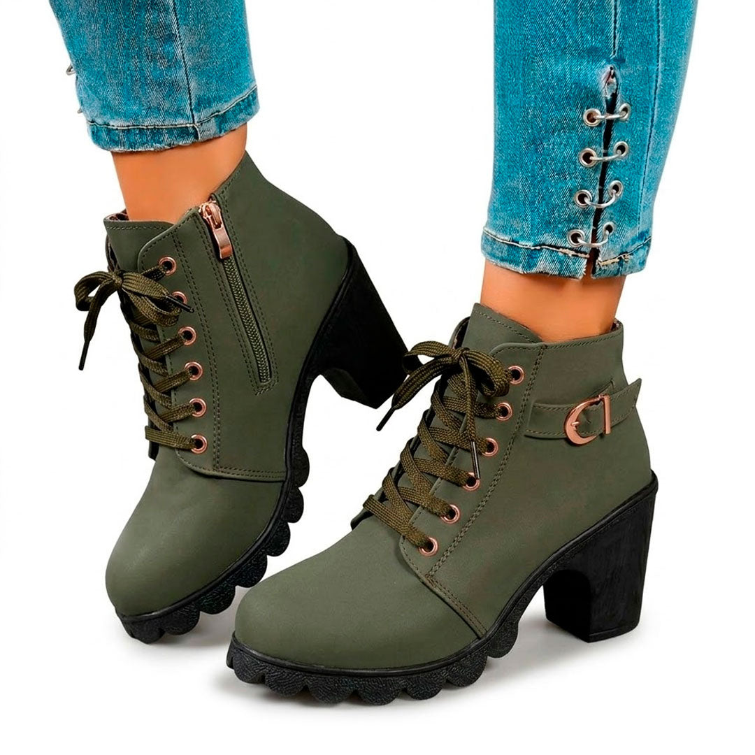 Women's Matte Finish Lace-Up Chunky Heeled Ankle Boots