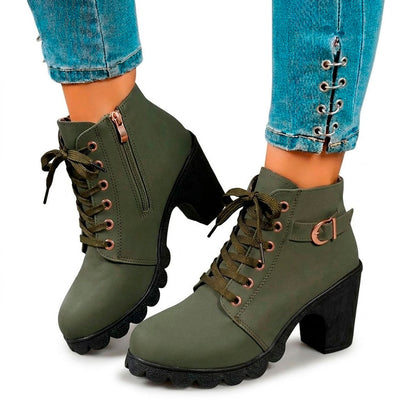 Women's Matte Finish Lace-Up Chunky Heeled Ankle Boots