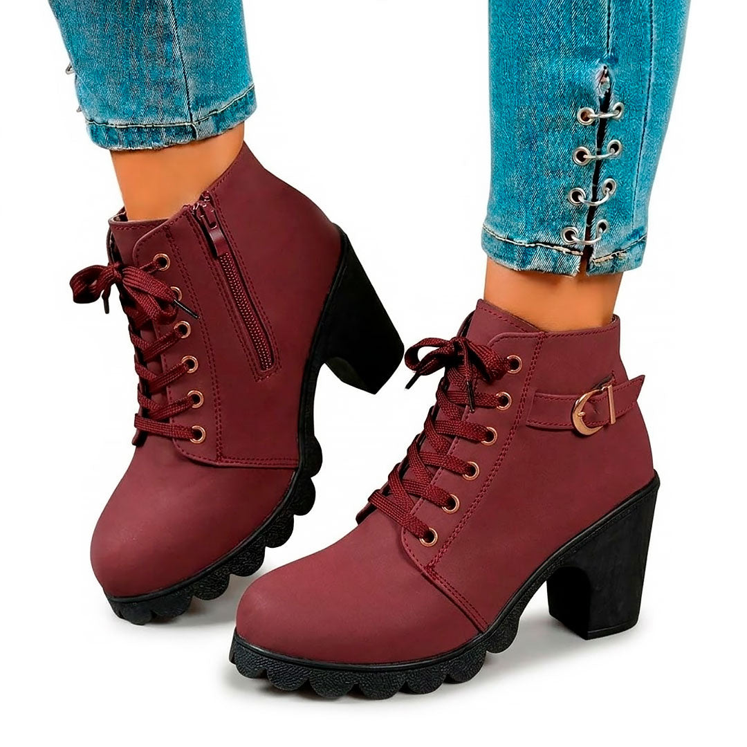 Women's Matte Finish Lace-Up Chunky Heeled Ankle Boots