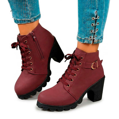 Women's Matte Finish Lace-Up Chunky Heeled Ankle Boots