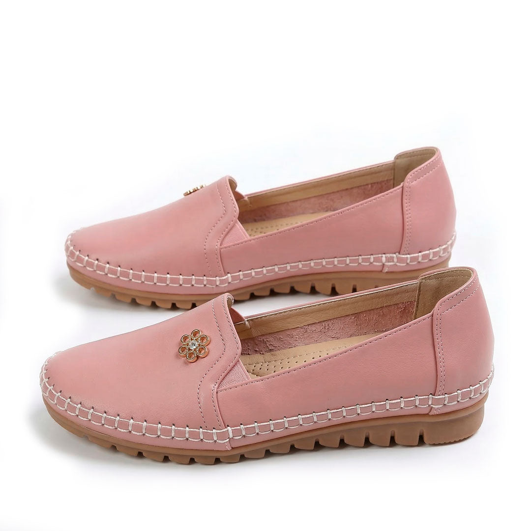 Women's Pebbled Faux Leather Loafers with Floral Detail