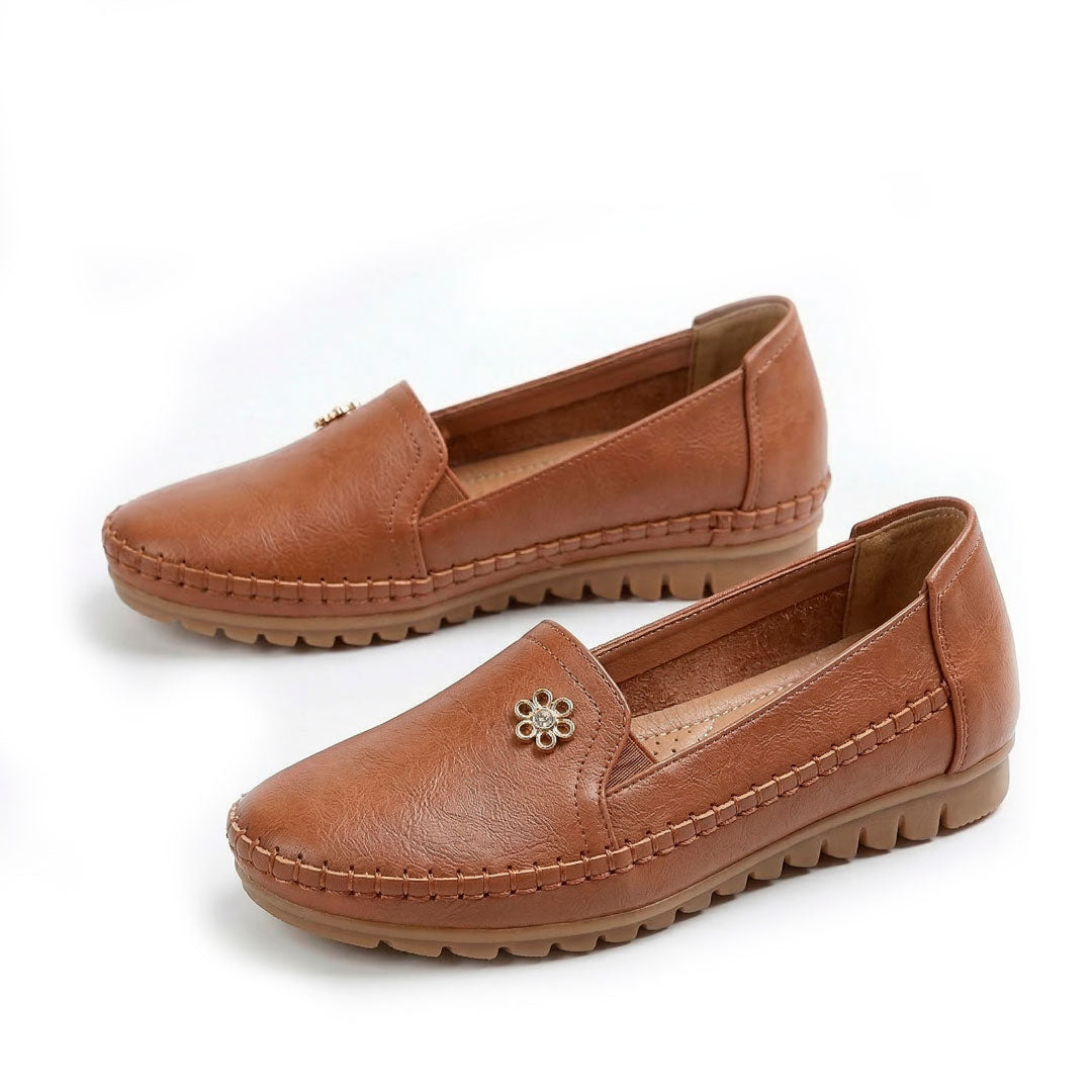 Women's Pebbled Faux Leather Loafers with Floral Detail