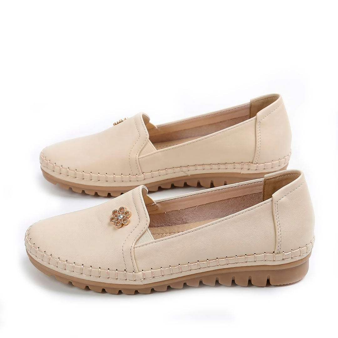 Women's Pebbled Faux Leather Loafers with Floral Detail