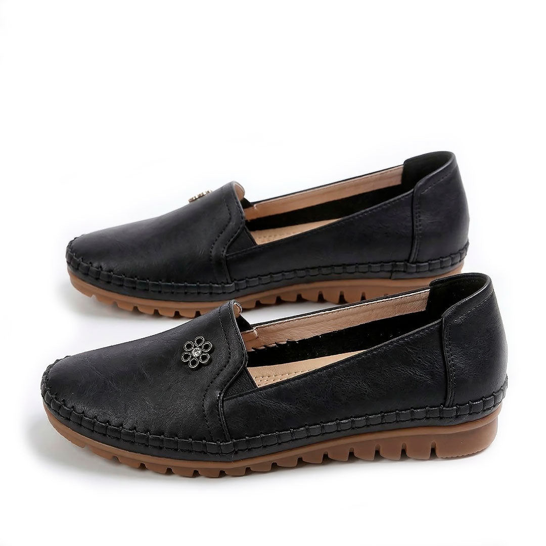 Women's Pebbled Faux Leather Loafers with Floral Detail