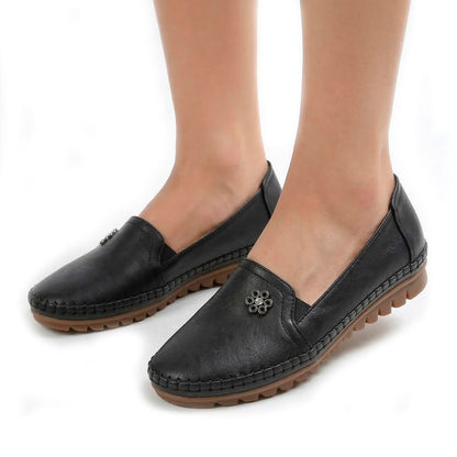 Women's Pebbled Faux Leather Loafers with Floral Detail