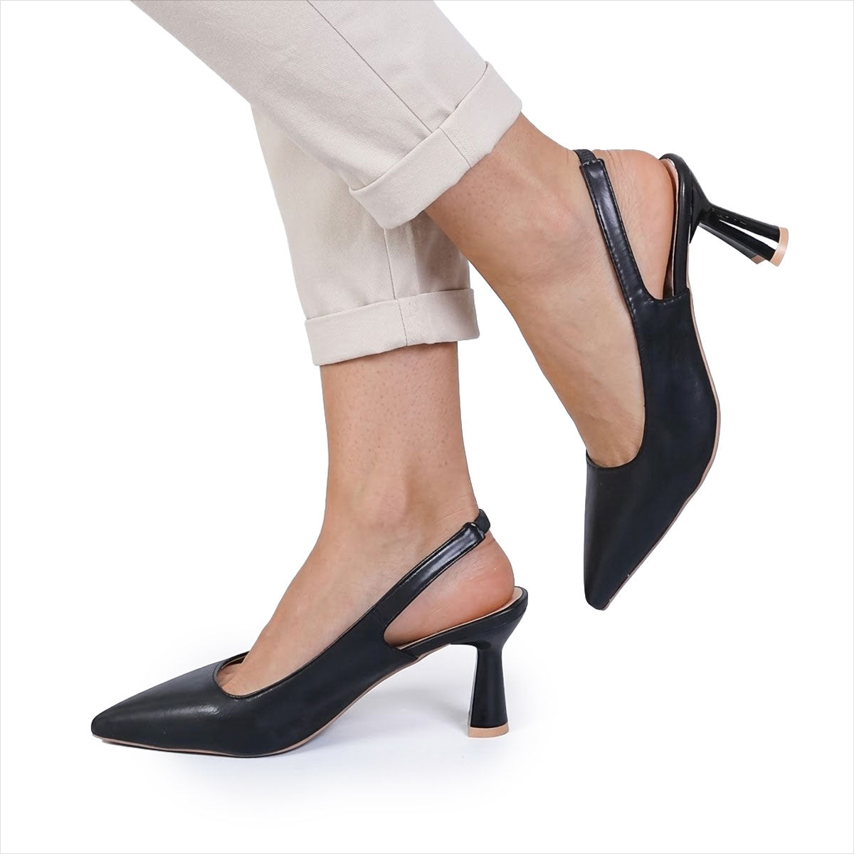 Women's Pointed Toe Slingback Heels with Flared Mid-Heel