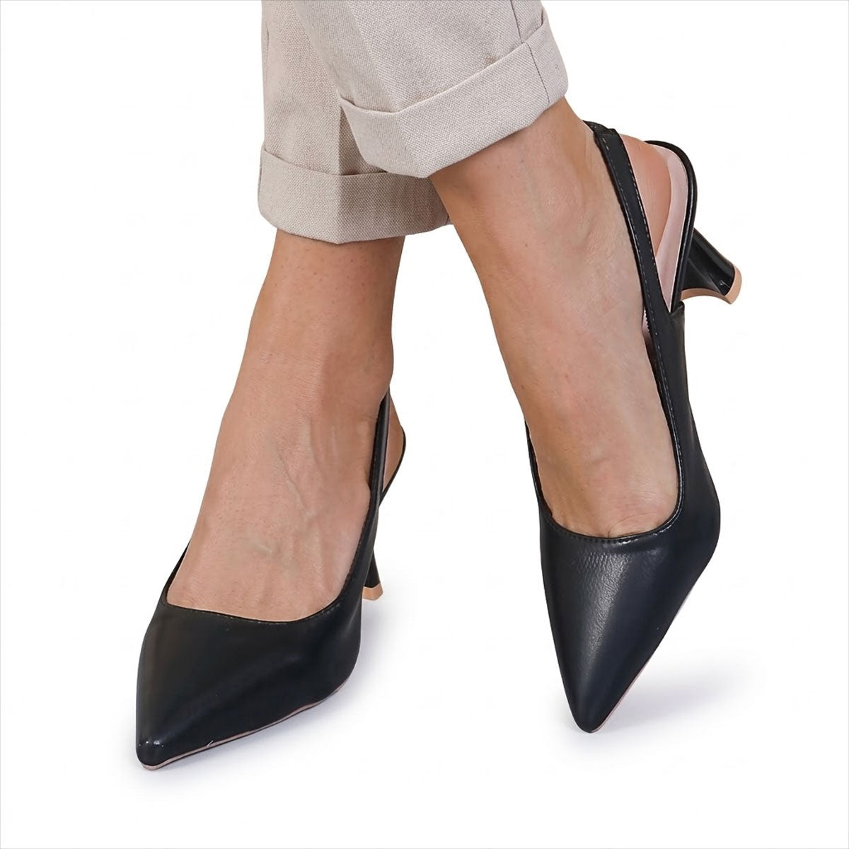 Women's Pointed Toe Slingback Heels with Flared Mid-Heel