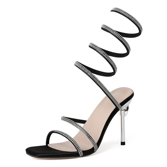 Women's Satin Spiral Heels with Crystal-Studded Straps