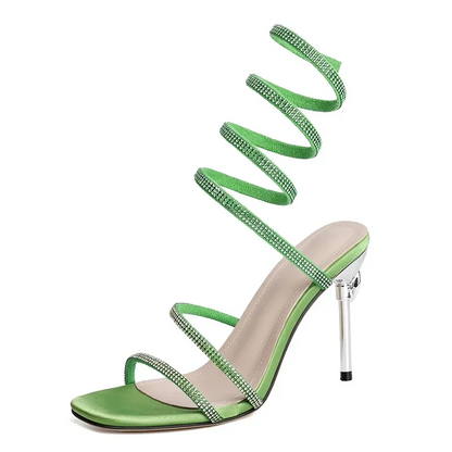 Women's Satin Spiral Heels with Crystal-Studded Straps