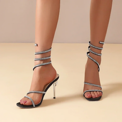 Women's Satin Spiral Heels with Crystal-Studded Straps