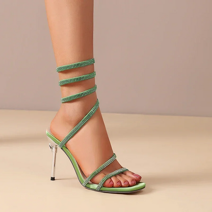 Women's Satin Spiral Heels with Crystal-Studded Straps