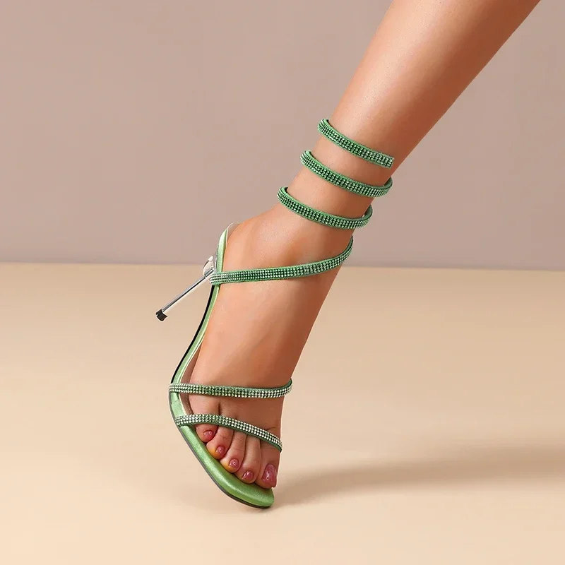 Women's Satin Spiral Heels with Crystal-Studded Straps