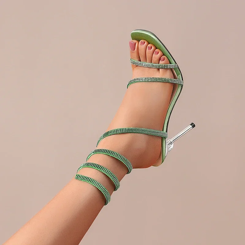Women's Satin Spiral Heels with Crystal-Studded Straps