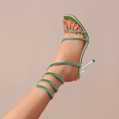 Women's Satin Spiral Heels with Crystal-Studded Straps