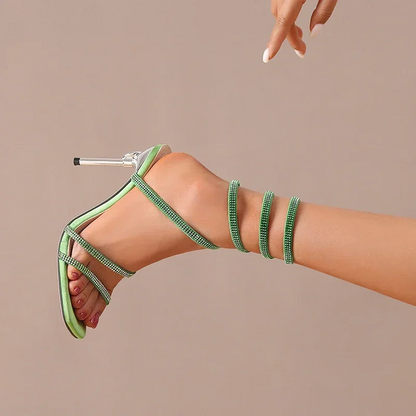 Women's Satin Spiral Heels with Crystal-Studded Straps
