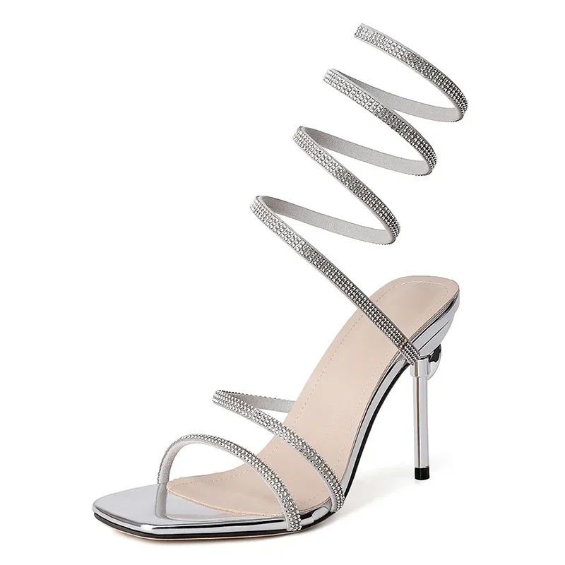 Women's Satin Spiral Heels with Crystal-Studded Straps