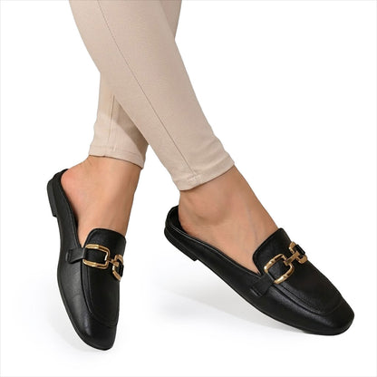 Women's Smooth-Grain Faux Leather Mules with Horsebit Detail