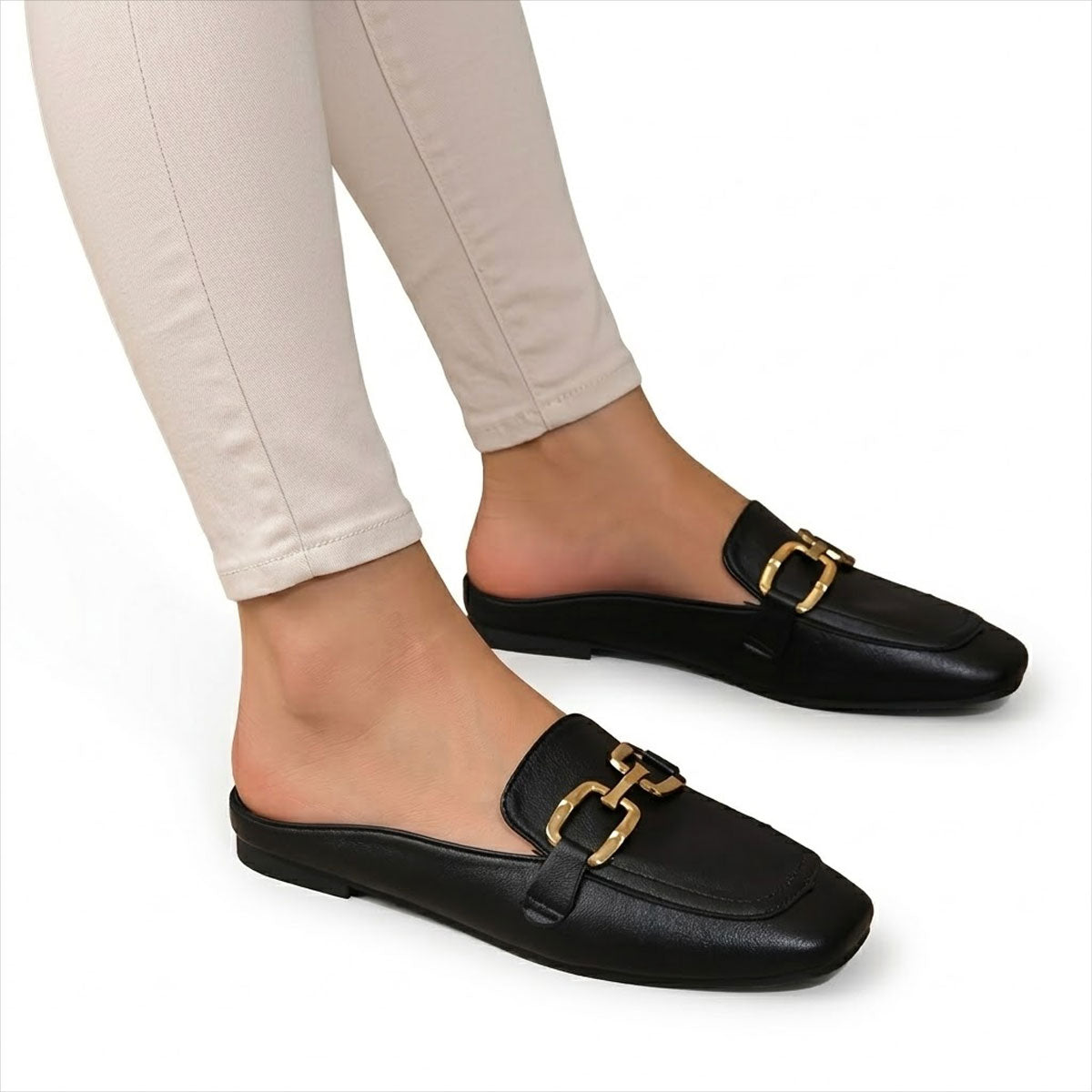 Women's Smooth-Grain Faux Leather Mules with Horsebit Detail