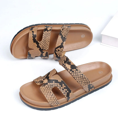 Women's Snake Print Flat Footbed Slide Sandals