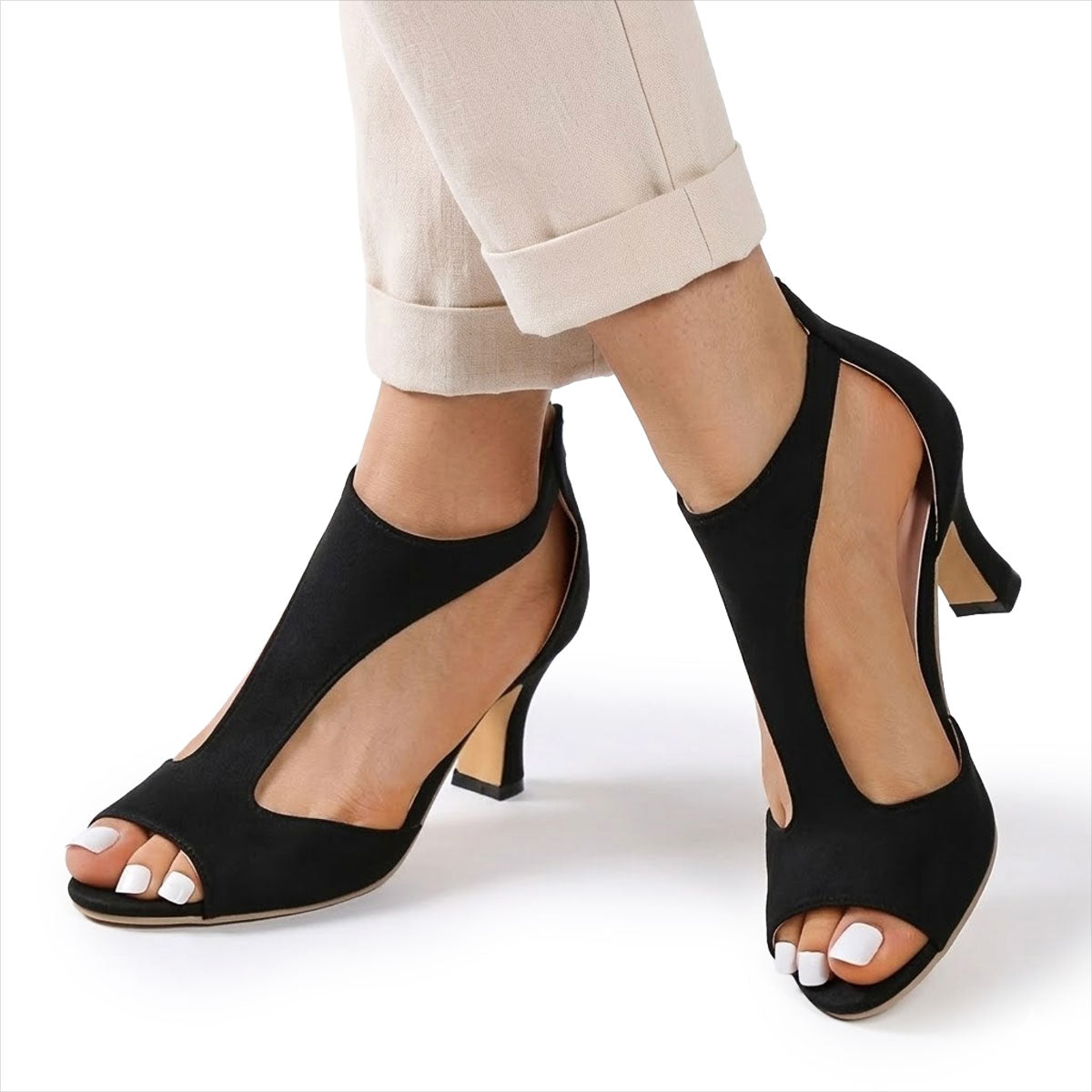 Women's Suede-Look Kitten Heel Sandals with Cut-Outs
