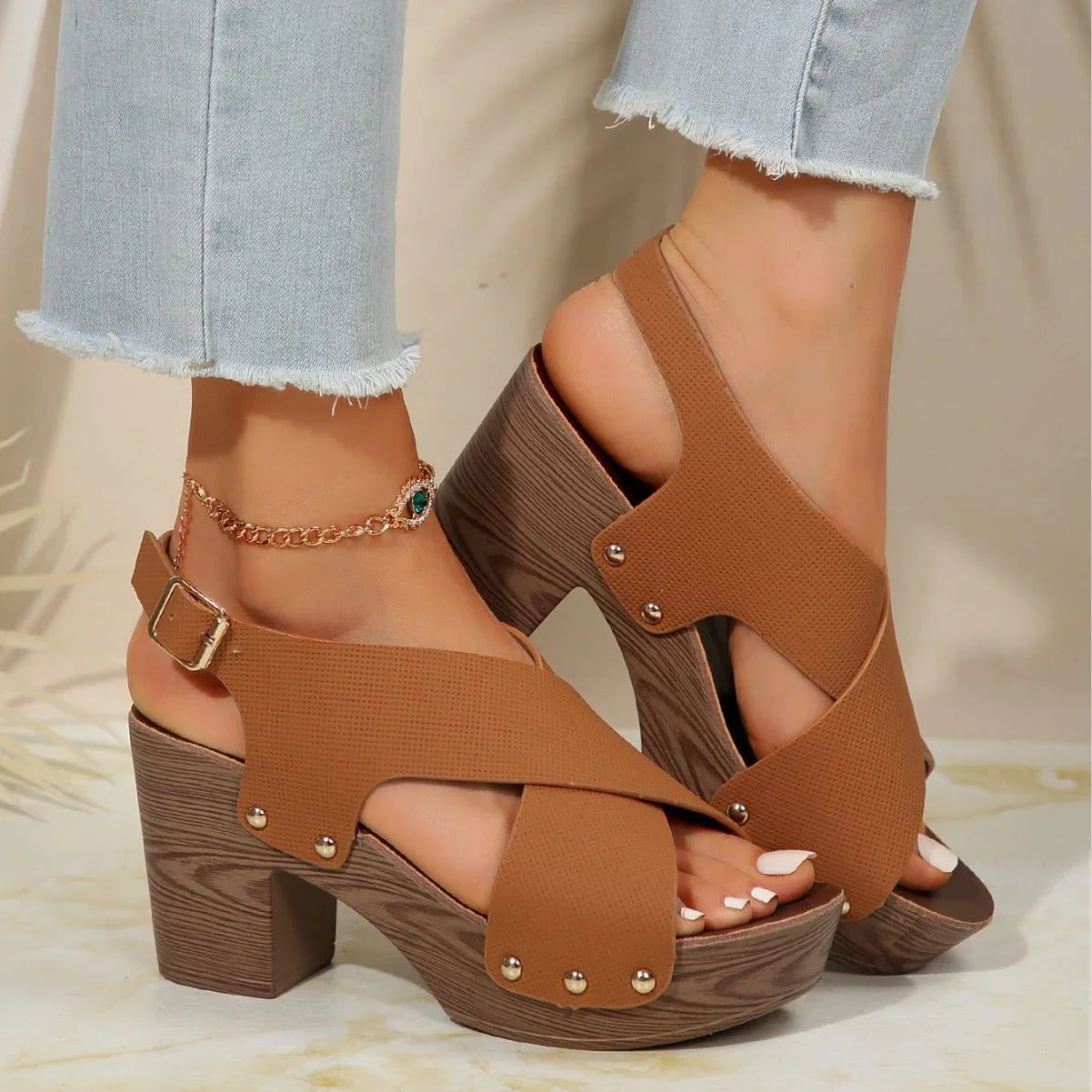 Women's Synthetic Criss-Cross Strap Block Heel Sandals
