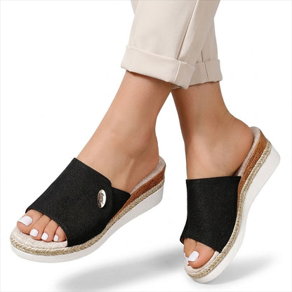 Women's Textured Canvas Peep-Toe Mules Shoes