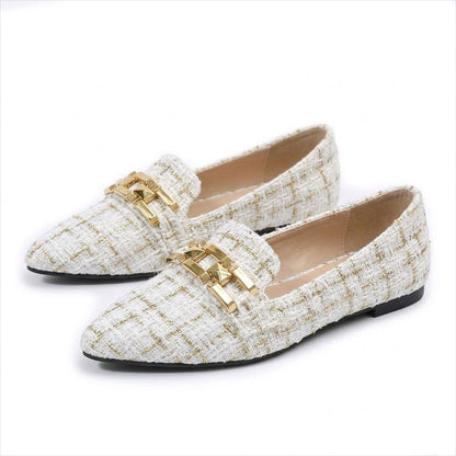 Women's Textured Tweed Pointed Flats with Chain Detail