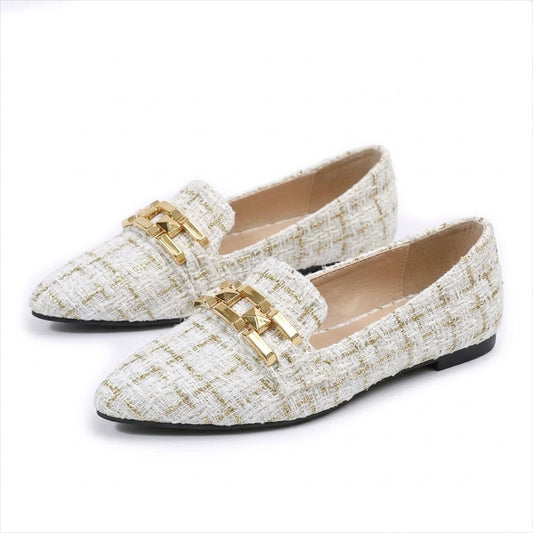 Women's Textured Tweed Pointed Flats with Chain Detail