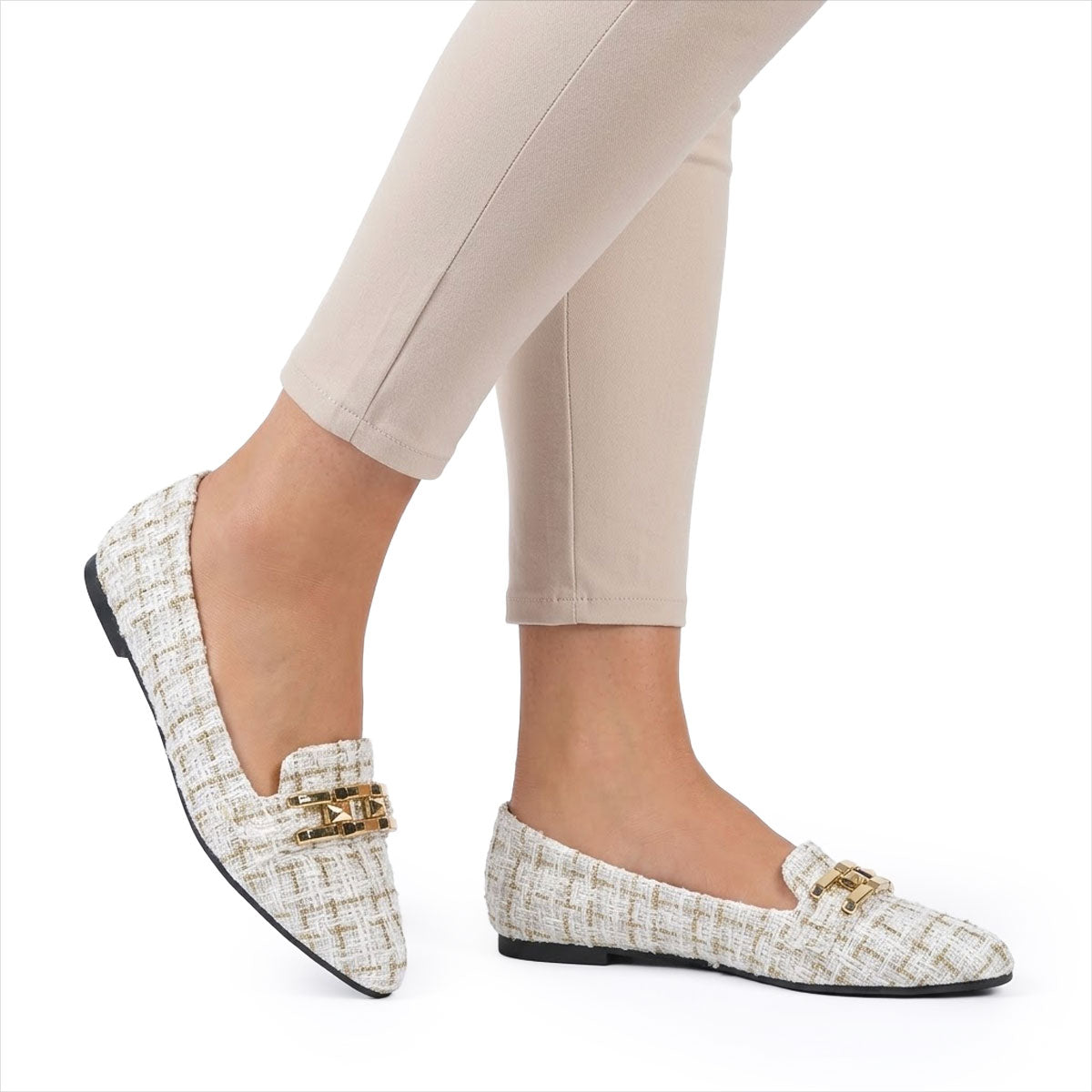 Women's Textured Tweed Pointed Flats with Chain Detail