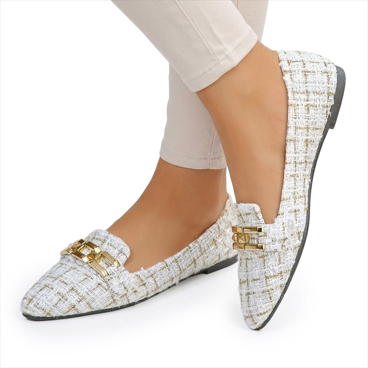 Women's Textured Tweed Pointed Flats with Chain Detail
