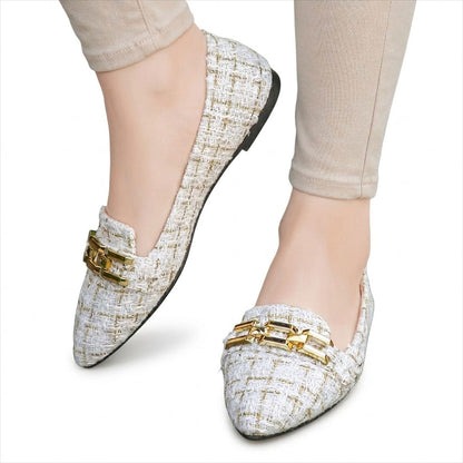 Women's Textured Tweed Pointed Flats with Chain Detail