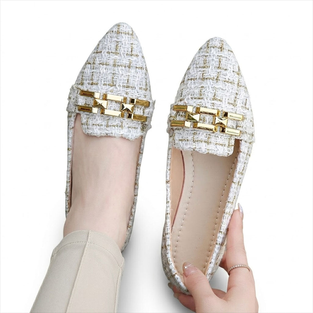 Women's Textured Tweed Pointed Flats with Chain Detail