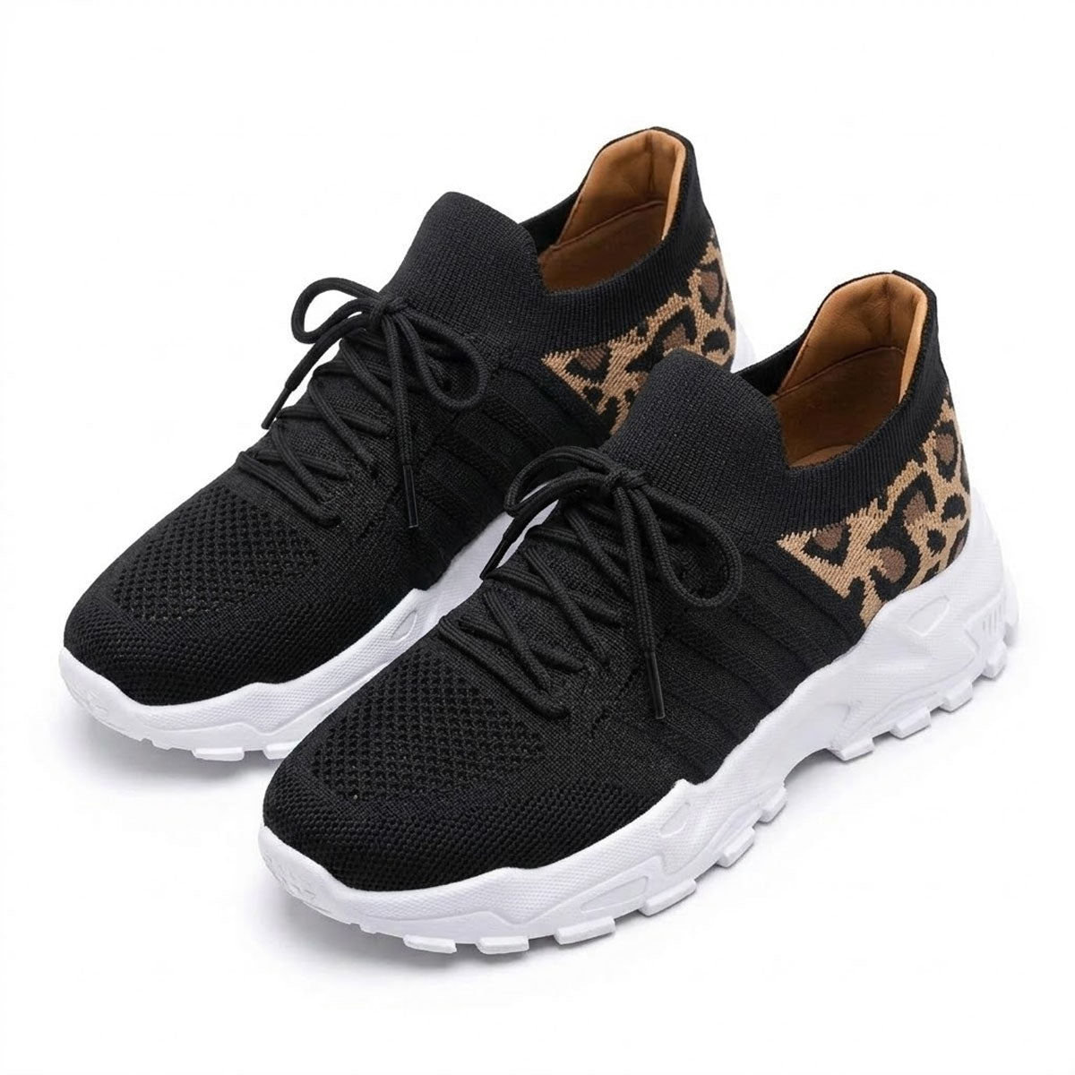 Women's Woven Knit Trainers with Leopard Accent