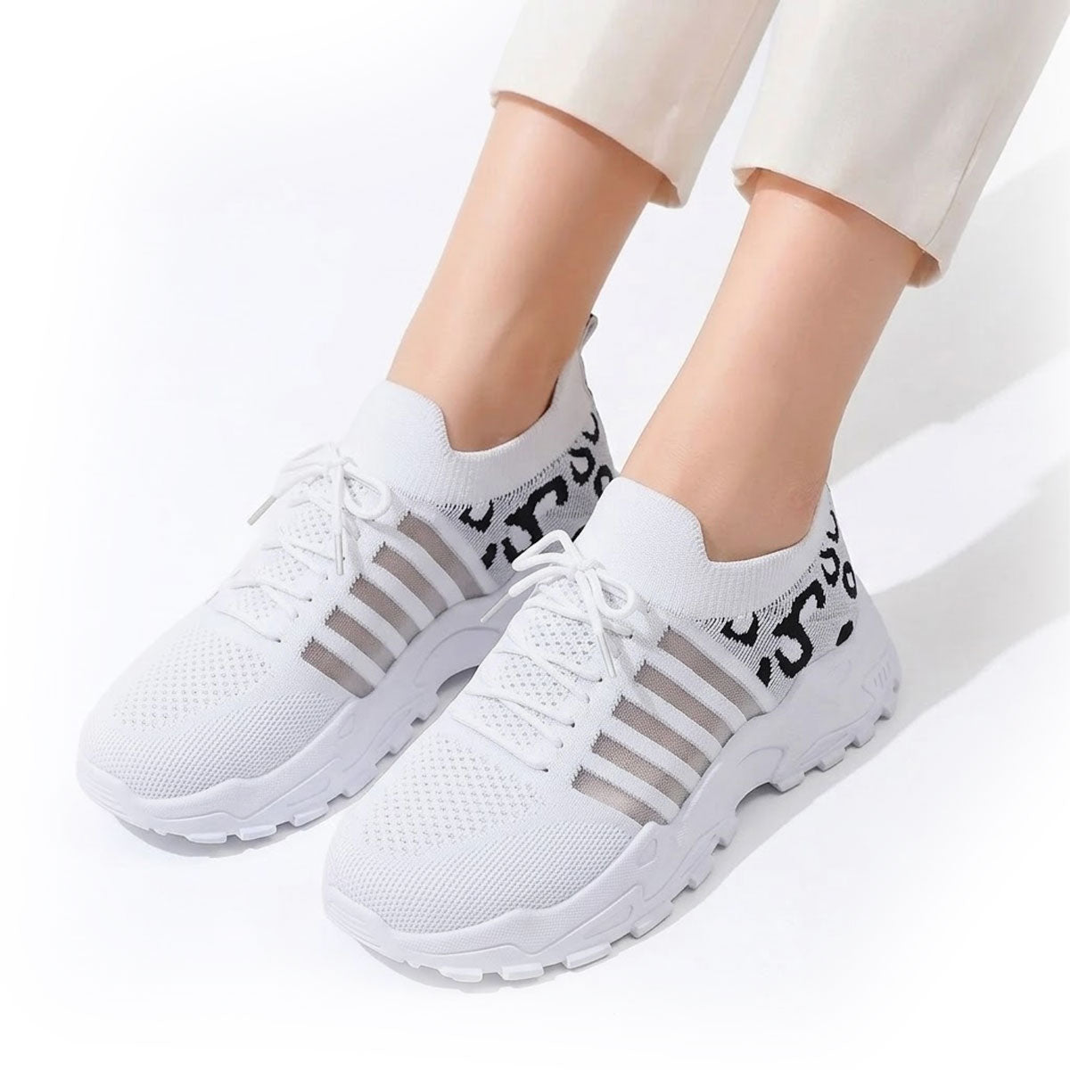 Women's Woven Knit Trainers with Leopard Accent
